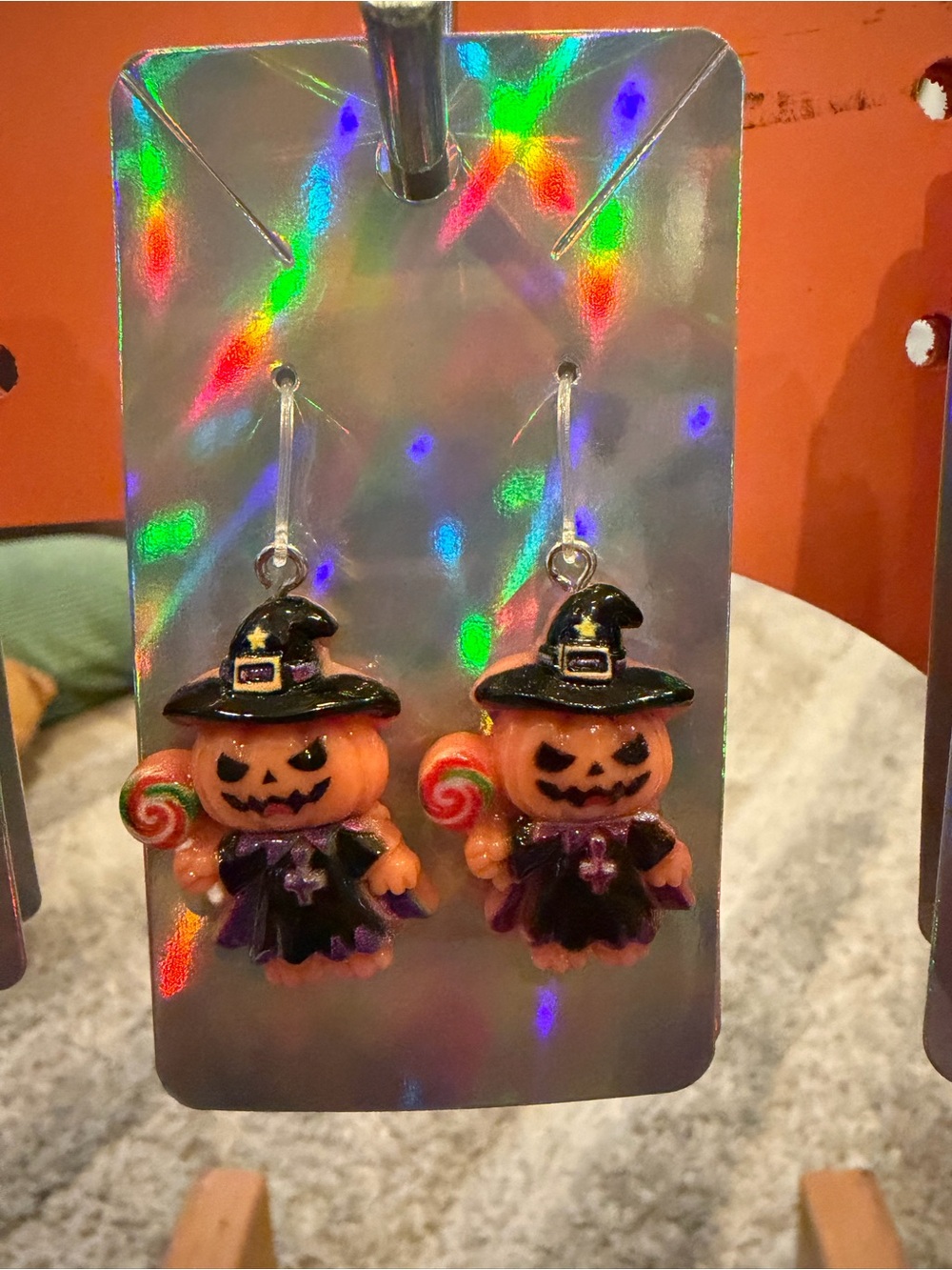 Hand Crafted Orange Pumpkin Witch Earrings with Purple & Black Hats